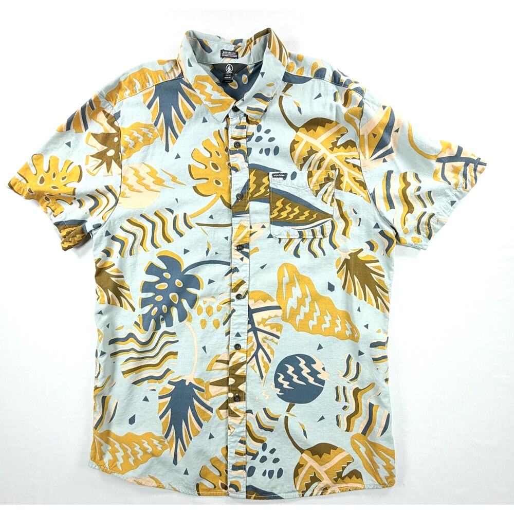 Volcom Men's Modern Fit Short Sleeve Button-Down Leaf Print Shirt Size XXL
